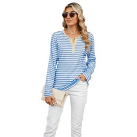 Women's V-neck Striped Loose Long-sleeved T-shirt Top (Option: Blue And White Stripes-XL)