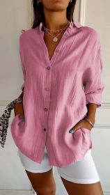 Lapel Long Sleeve Shirt Women's Single-breasted Pleated Shirt (Option: Pink-XL)